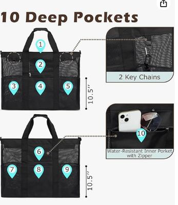 Wire Mesh Beach Bag, Large Beach Tote Bag, With Zipped Pockets, Suitable For Family Pool Bags, Essential For Toys And Vacations