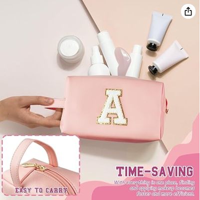Personalized Initial Makeup Bag with Handle, Preppy Cosmetic Bag with Inner Zipper Pocket, 8 9 10 11 12 13 14 Years Old Girl, Graduation Gifts for Teen Girls Women Teachers