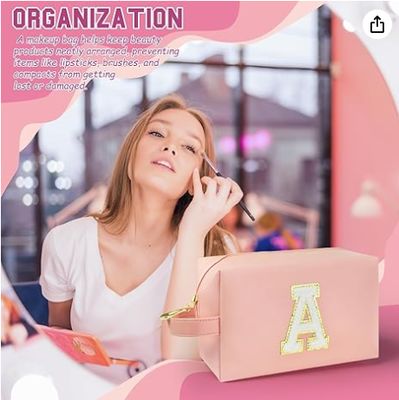 Personalized Initial Makeup Bag with Handle, Preppy Cosmetic Bag with Inner Zipper Pocket, 8 9 10 11 12 13 14 Years Old Girl, Graduation Gifts for Teen Girls Women Teachers