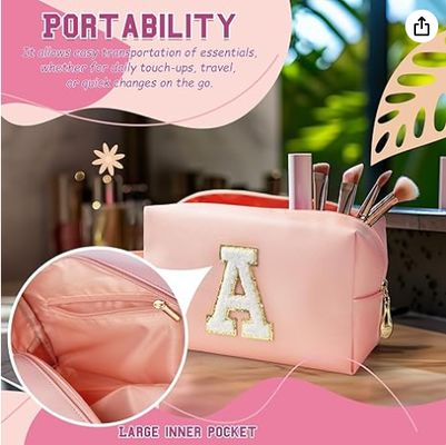 Personalized Initial Makeup Bag with Handle, Preppy Cosmetic Bag with Inner Zipper Pocket, 8 9 10 11 12 13 14 Years Old Girl, Graduation Gifts for Teen Girls Women Teachers