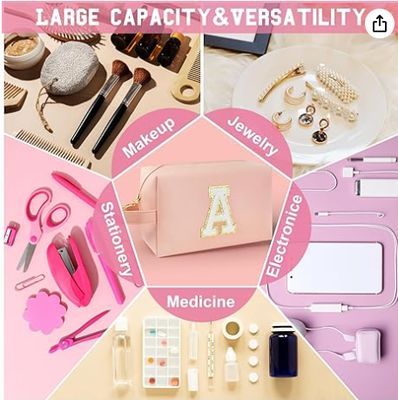 Personalized Initial Makeup Bag with Handle, Preppy Cosmetic Bag with Inner Zipper Pocket, 8 9 10 11 12 13 14 Years Old Girl, Graduation Gifts for Teen Girls Women Teachers