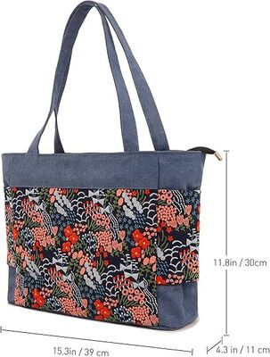 Embroidered Large Canvas Tote Bag for Women with Zipper Handmade Vintage Handbag Shoulder Bag