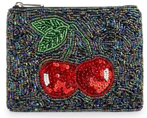 Beaded Coin Purse Change Zipper Pouch Wallet Cherry | Handmade Beadwork, Compact Organizer, Cash Holder, Card Storage, Makeup Pouch, Giftable Accessory, Everyday Carry