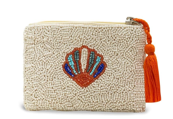 America & Beyond Seashell Pattern Beaded Coin Pouch || Hand-Beaded Shell Purse|| Zip Coin Purse for Women|| Coastal Mini Pouch