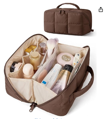 Travel Makeup Bag, Wide Open Toiletry Organizer 9.84 * 5.12 * 5.12" opens flat to 10.24"W, water-repellent,leak-proof PVC & brush slots, fits full-size makeup, TSA-friendly