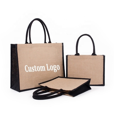 เคลือบ Burlap Jute Shopping Grocery Tote กระเป๋าเคลือบ PE นำมาใช้ใหม่