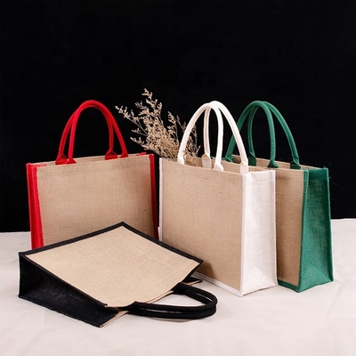 เคลือบ Burlap Jute Shopping Grocery Tote กระเป๋าเคลือบ PE นำมาใช้ใหม่